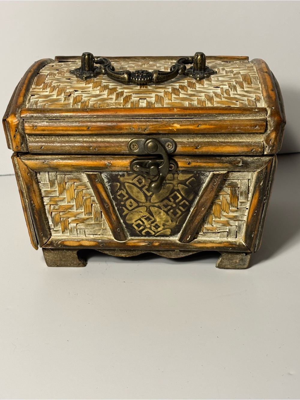 Vintage Woven Bamboo & Wood Trinket Box Asian Boho Decor